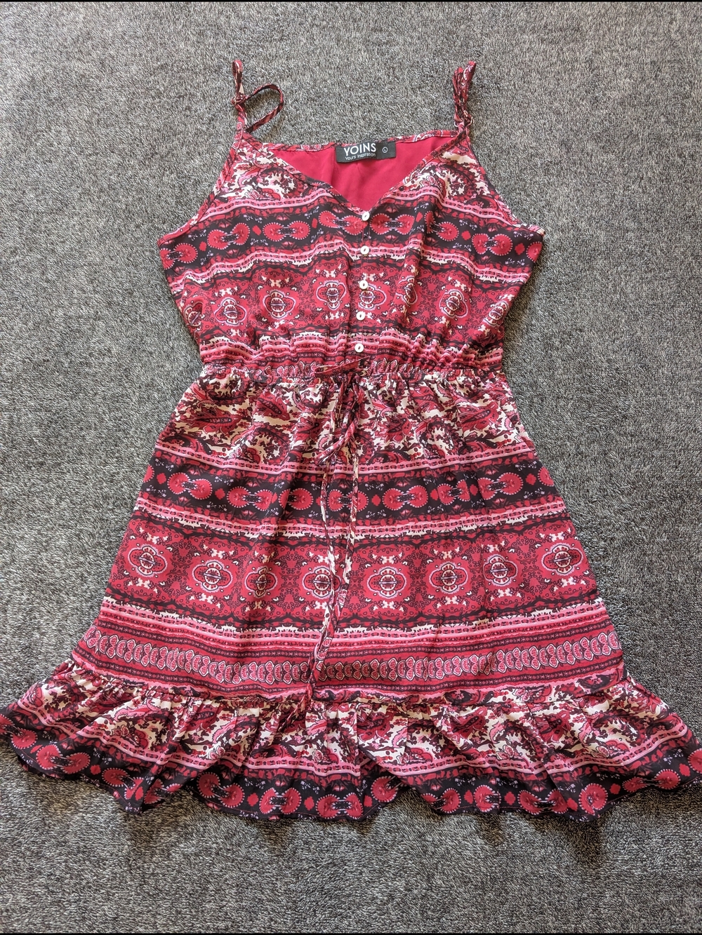 YOINS Red Patterned Midi Summer Dress with Spaghetti Straps
